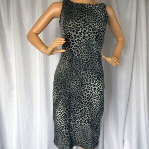 Grey Leopard Knit Dress with Boat Neck Knee Length Exposed Zipper Size Small
